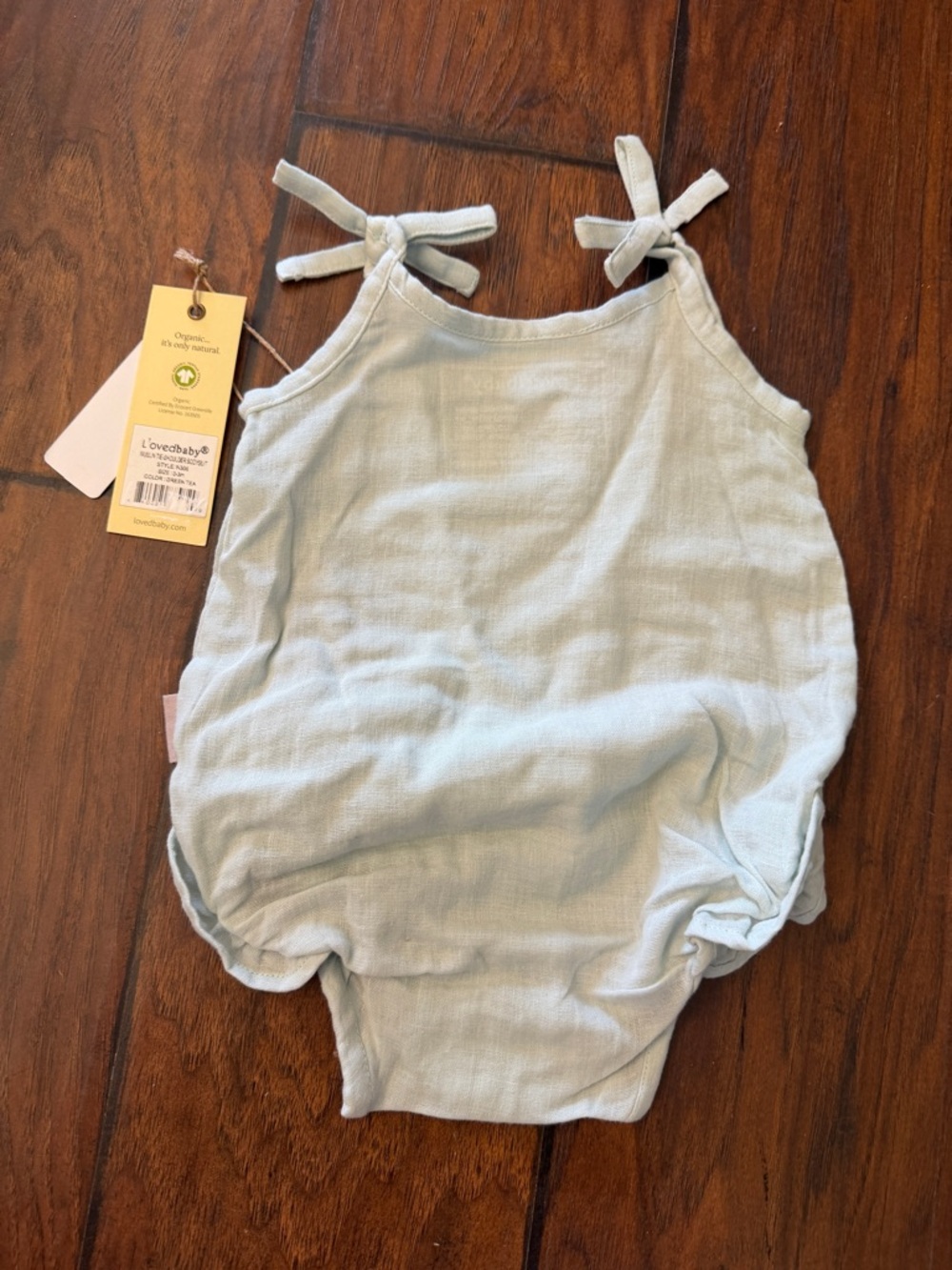 0-3m NWT L'ovedbaby Girls Organic Muslin Tie-Shoulder Bodysuit-Green Tea - Picture 5 of 5